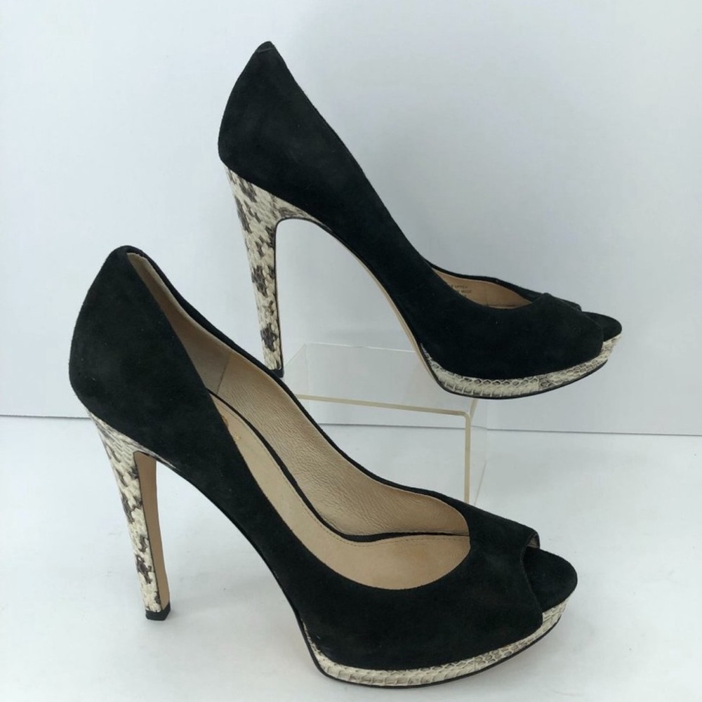 Fun sassy Black suede heels with faux snakeskin detail.